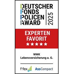 Ratingsiegel des Deutschen Fondspolicen Awards 2025. Die WWK ist Experten Favorit