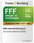 Ratingsiegel von Franke und Bornberg FFF sehr gut für die selbstständige Berufsunfähigkeitsversicherung Komfort WWK BioRisk